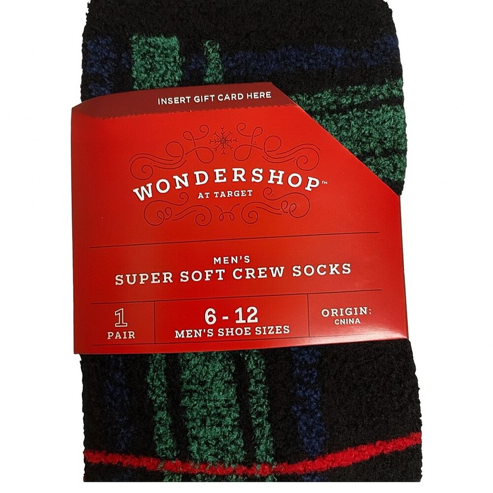 Wondershop Plaid Crew Socks in Black, Green, and Red ~ Extra Soft Extra Warm NWT - Picture 1 of 3